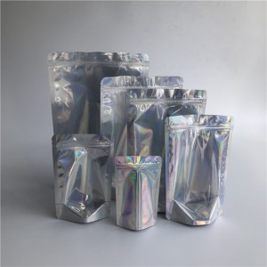 Wholesale Resealable Transparent Front Holographic Stand Up Pouches Laminated Plastic Cosmetic Zipper Bags Packaging In Stock